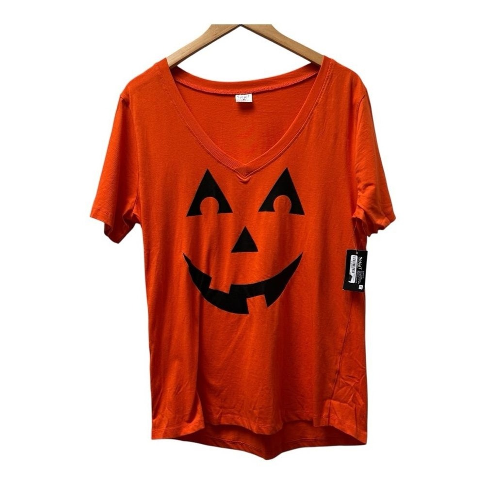 Spirit Halloween Pumpkin Tee XL Orange Jack-O-Lantern V-Neck Graphic T-Shirt NEW